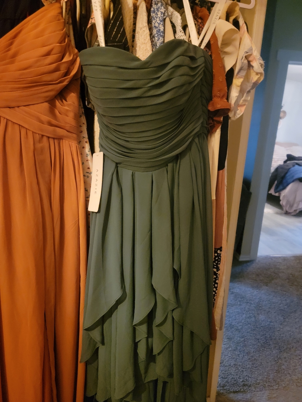 Azazie Strapless Ruched Chiffon Dress in Olive